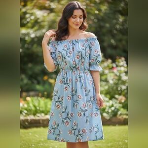 Blue Floral Maxi Dress with Puff Sleeves